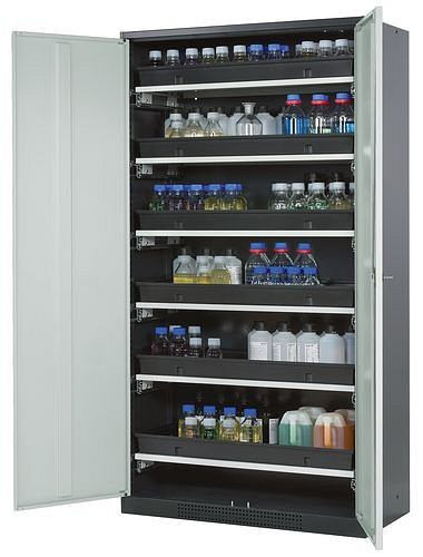 asecos Chemikalienschrank Systema-T CS-106, Korpus anthrazit, Flügeltüren grau, 6 Tablarauszüge, 209087