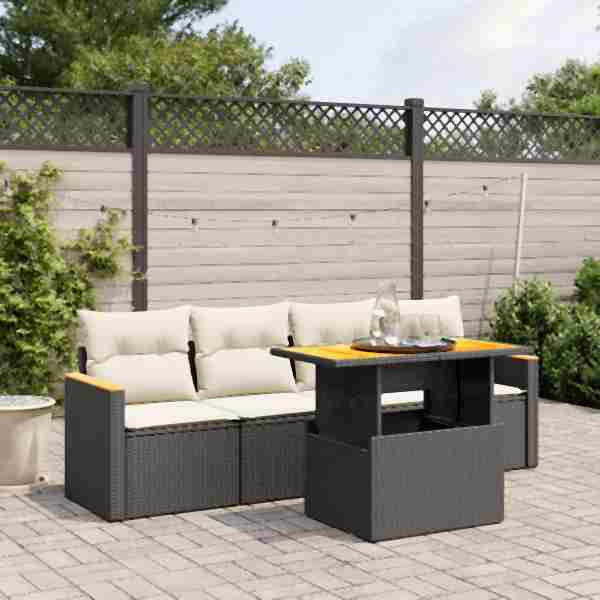 vidaXL 5-tlg. Garten-Sofagarnitur mit Kissen Schwarz Poly Rattan, UV-beständig, 3272953