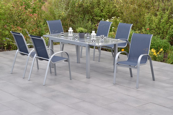 Merxx Amalfi Set 7-teilig, 6 Amalfi Stapelsessel, 1 Ausziehtisch 160 (220) x 90 cm, graue Glasplatte, silber/marineblau, 50337-313