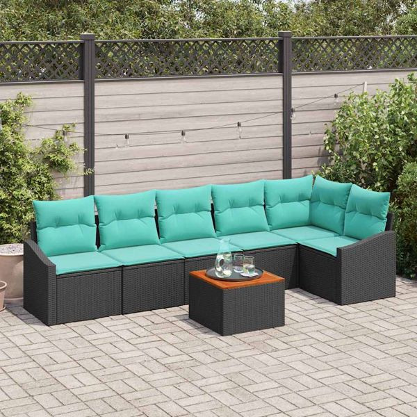 vidaXL Gartensofa-Set mit Kissen 7-teilig Schwarz Poly-Rattan, 3347844