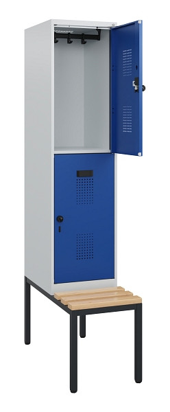 C+P Doppelstöckiger Spind Evolo PLUS, Bank, 2 Fächer, 1950x400x815mm, 7035/5010, Drehriegel, Sitzfläche Buche-Hartholz, Sitzbank, 0493505-12 S10006