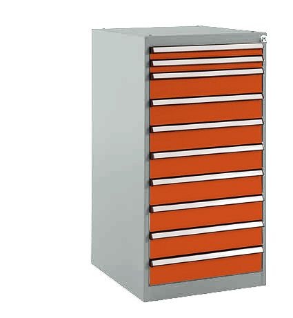 Manuflex Schubfachschrank BASETEC Stationär, Nutzhöhe 900 mm mit 10 Schubfächern, in rotorange RAL 2001, SP1118.2001