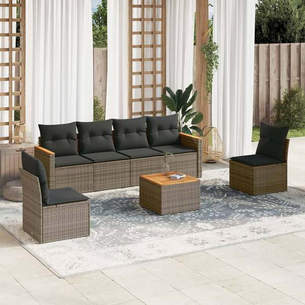 vidaXL 7-tlg. Garten-Sofagarnitur mit Kissen Grau Poly Rattan, UV-beständig, 3225871