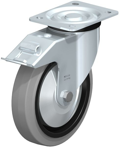 Blickle L-POEV 200XKA-FI-SG-FA Stahlblech-Lenkrolle, mittelschwere Ausführung, mit Anschraubplatte & Feststeller, Elastik-Vollgummi, Grau, 850779