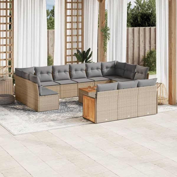 vidaXL 14-teilig Garten-Sofagarnitur mit Kissen Beige Poly Rattan, 3260547