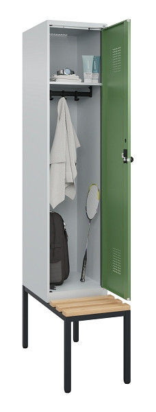 C+P Spind Evolo PLUS, 1 Abteile, 2120x400x815mm, 7035/6011, Haken 4, Drehriegel, Sitzfläche Buche-Hartholz, Sitzbank, 0490507-12 S10010