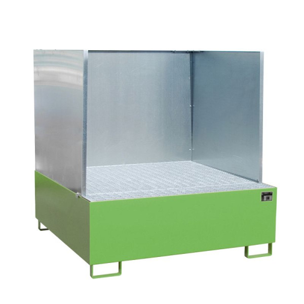 STEIN HGS Auffangwanne AW/SW, mit Spritzschutzwand, 800 Liter, RAL 6011 resedagrün, Gesamthöhe 1530 mm, lackiert, 4 x 200 Liter Fass, 79189.0028