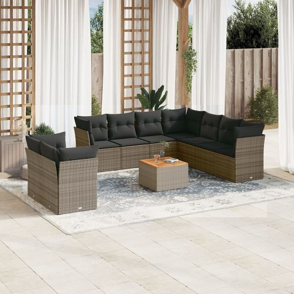 vidaXL 10-teilig Garten-Sofagarnitur mit Kissen Grau Poly Rattan, 3223715