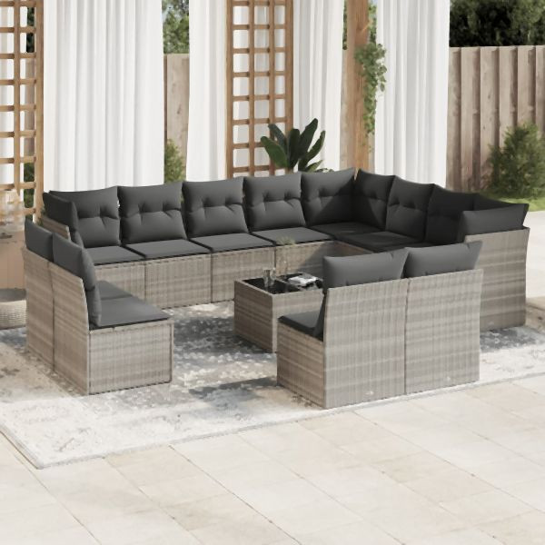 vidaXL 13-tlg. Garten-Sofagarnitur mit Kissen Hellgrau Poly Rattan, 3218482