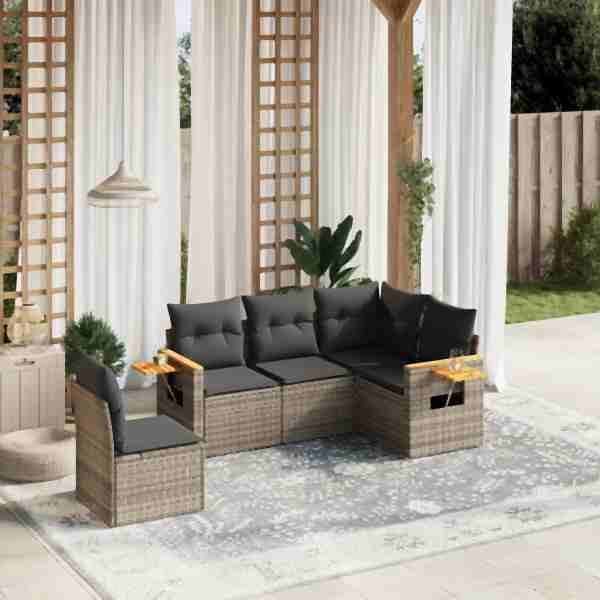 vidaXL 5-tlg. Garten-Sofagarnitur mit Kissen Grau Poly Rattan, UV-beständig, 3259218