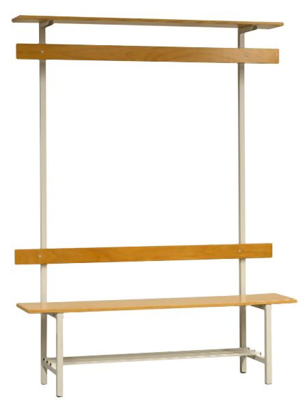 KLW Sitzbank 1500mm mit Rückenlehne, Kleiderleiste & 6 Haken, passend für Utensilienablage, Sitzhöhe 460mm, Sitztiefe 360mm, 08/813-ZL-1500