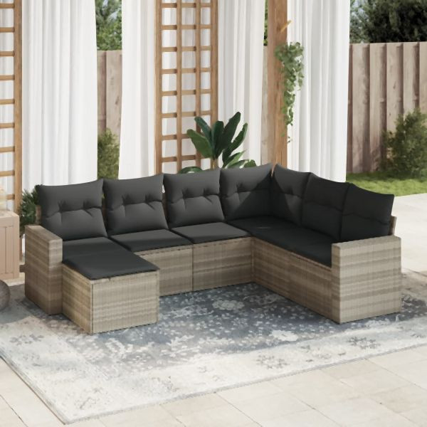 vidaXL 7-tlg. Garten-Sofagarnitur mit Kissen Hellgrau Poly Rattan, 3219292
