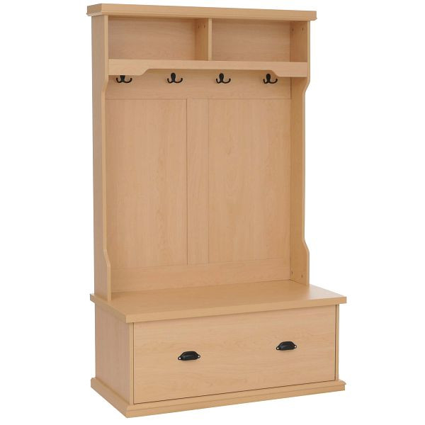 Mendler Garderobe HWC-P27, Flurgarderobe Holzgarderobe Sitzbank, 4 Haken Staufach Ablage Melamin 163x100x47cm, natur, 118674+118675