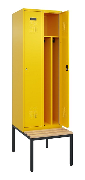 C+P Spind Evolo PLUS, 2 Abteile, 2120x600x815mm, 1023/1023, Zylinderschloss, Sitzfläche Buche-Hartholz, Sitzbank, 0490507-20F S10049