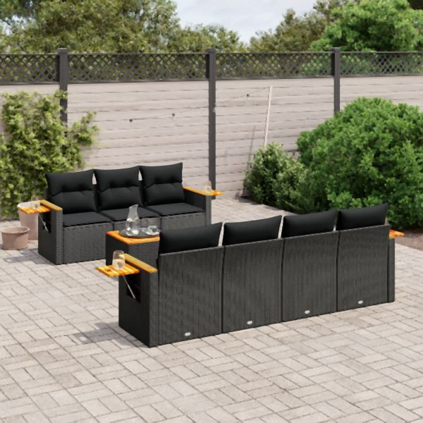 vidaXL 8-tlg. Garten-Sofagarnitur mit Kissen Schwarz Poly Rattan, 3226643