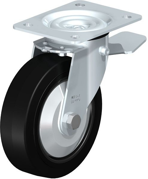 Blickle LE-POEV 160R-ST-FA Stahlblech-Lenkrolle mit Anschraubplatte & Feststeller, Elastik-Vollgummi, Schwarz, 749628