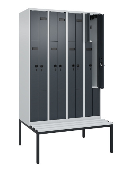 C+P Z-Spind Evolo PLUS, 8 Fächer, 2120x1200x815mm, 7035/7016, Drehriegel, Sitzfläche Kunststoff, Sitzbank, 0490537-408 S10066