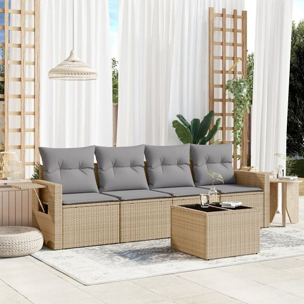 vidaXL 5-teilig Garten-Sofagarnitur mit Kissen Beige Poly Rattan, 3219888