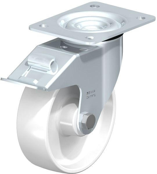 Blickle LE-PO 150R-FI Stahlblech-Lenkrolle mit Anschraubplatte & Feststeller, Polyamid, Weiß, 452201