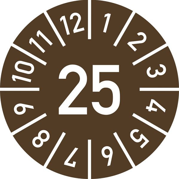 Moedel Prüfplakette Jahr 25 mit Monaten, braun, Folie, Ø 10 mm, VE: 10 Stück/Bogen, 103850