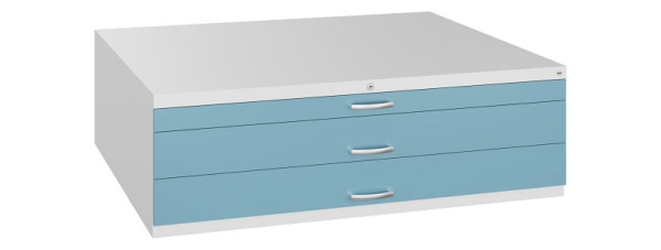C+P Flachablageschrank Serie 7100_7200, H420xB1350xT960mm, 9016/0010, 2 Schubladenblenden doppelwandig, 7200-100 S10268