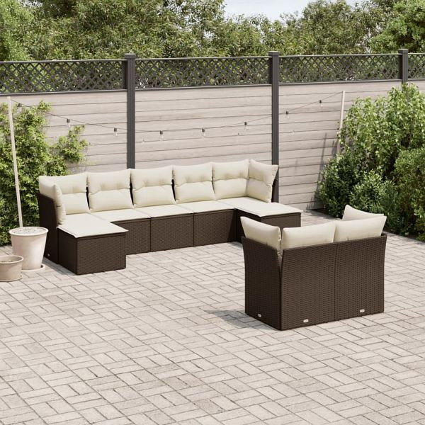 vidaXL 9-tlg. Garten-Sofagarnitur mit Kissen Braun Poly Rattan, 3250152