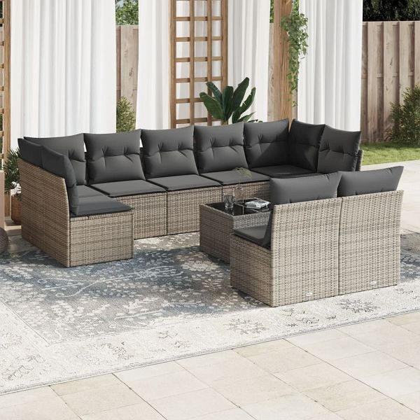 vidaXL 10-teilig Garten-Sofagarnitur mit Kissen Grau Poly Rattan, 3249999