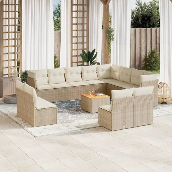 vidaXL 13-teilig Garten-Sofagarnitur mit Kissen Beige Poly Rattan, 3256261