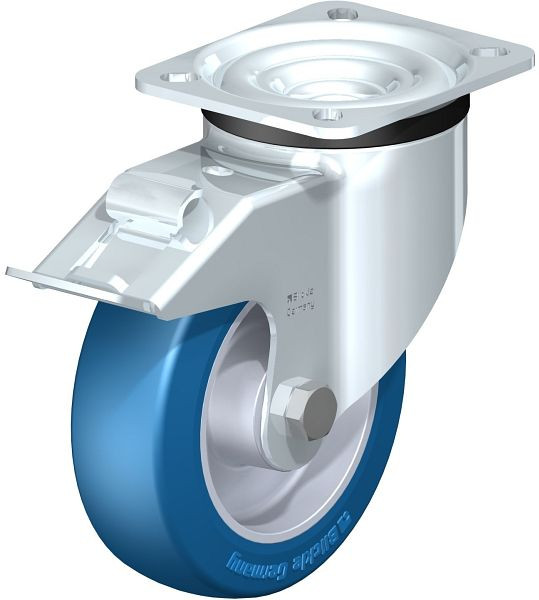 Blickle LK-ALBS 125K-1-FI Stahlblech-Lenkrolle, schwere Ausführung, mit Anschraubplatte & Feststeller, Blickle Besthane® Soft, Blau, 742706