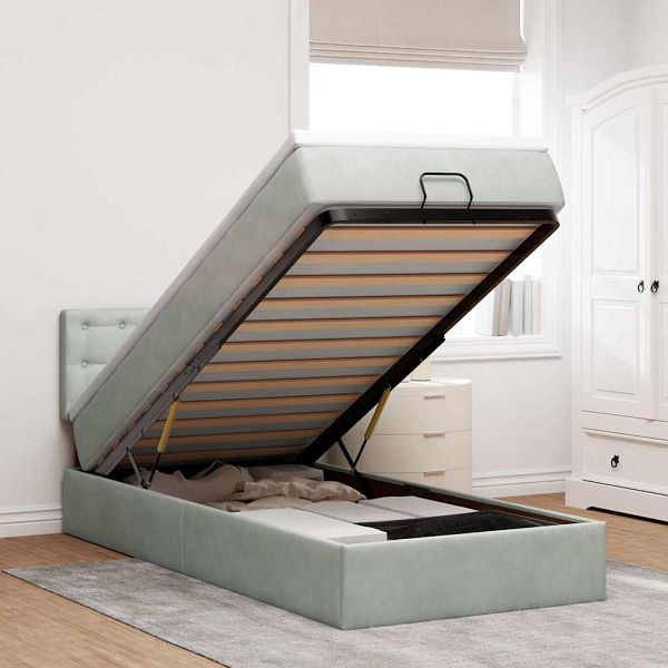 vidaXL Ottoman-Bett mit Matratze & LEDs Hellgrau 90x200 cm Samt, 3312740