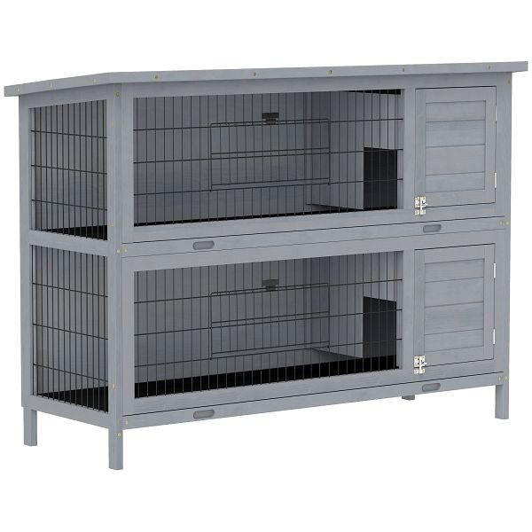 PawHut Hasenstall Kaninchenstall aus Holz mit 2 Etagen Asphaltdach Bodenwanne Türen für Kleintiere 136,4 x 50 x 93 cm Grau, D51-167