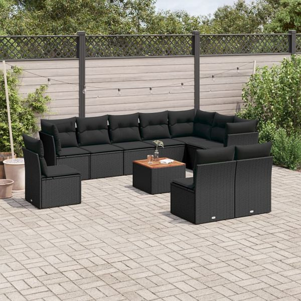 vidaXL 11-teilig Garten-Sofagarnitur mit Kissen Schwarz Poly Rattan, 3223696