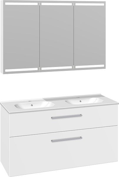 Dansani Luna 121 cm Doppelt Kantate Set mit Spiegelschrank, Weiß Matt, LU-641034