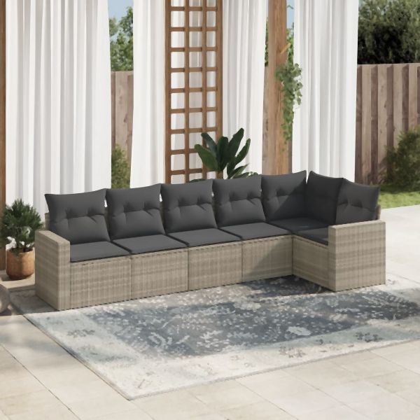 vidaXL 6-tlg. Garten-Sofagarnitur mit Kissen Hellgrau Poly Rattan, 3251329