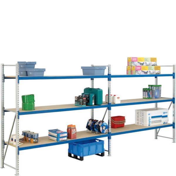 BITO Weitspannregal Set /F2 2000x600x2700 G-/A-Feld 3 Ebenen Spanplatten RAL5010 U, C0350-0285