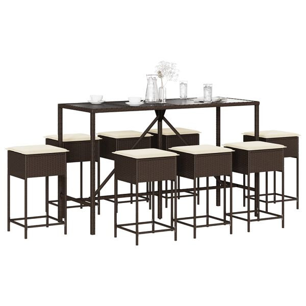 vidaXL 9-teilig Gartenbar-Set mit Kissen Braun Poly Rattan, 3261471