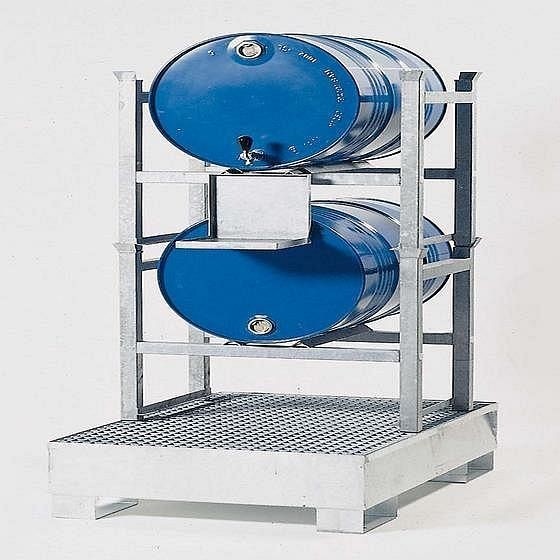 asecos Fassregal mit Auffangwanne aus Stahl, 2x60 Liter oder 2x200 Liter, mit Gitterrost, 1079-2695