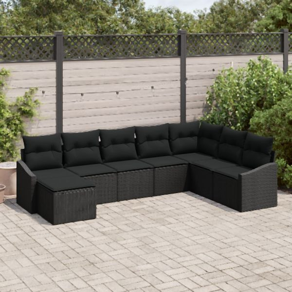 vidaXL 8-teiliges Garten Essset mit Kissen Schwarz Poly Rattan, 3355512