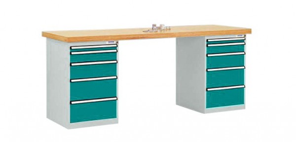Manuflex Werkbanksystem COMBI, 2 Gehäuse Modell 1 mit massiver Bucheplatte, BxTxH = 2000 x 700 x 840 mm, Wasserblau, TP5092.5021