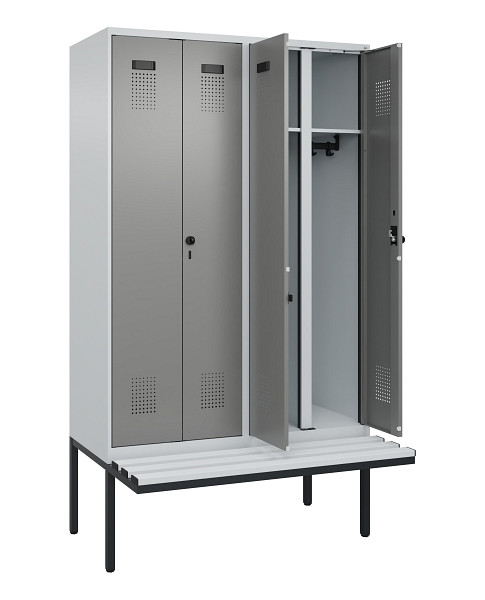 C+P Schwarz-Weiß-Spind Evolo PLUS, Bank, 4 Abteile, 2120x1200x815mm, 7035/0004, Drehriegel, Material Sitzfläche Kunststoff, 0490427-40 S10068