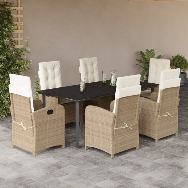 vidaXL 7-teilig Garten-Essgruppe mit Kissen Beige Poly Rattan, 3212387