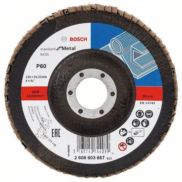 Bosch Fächerschleifscheibe X431 Standard for Metal, gewinkelt, 125 mm, 22,23 mm, 60, VE: 10 Stück, 2608603657