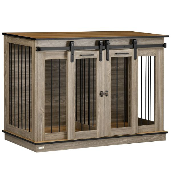 PawHut Hundekäfig mit 2 Türen, Hundebox, Transportbox für Hunde, rustikales Design, verriegelbar, Eiche, D02-085AK