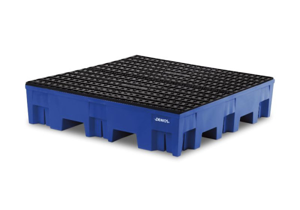 DENIOS Auffangwanne aus Polyethylen (PE) für 4 Fässer à 200 Liter, 1235 x 1235 x 305 mm, mit Gitterrost, 328288