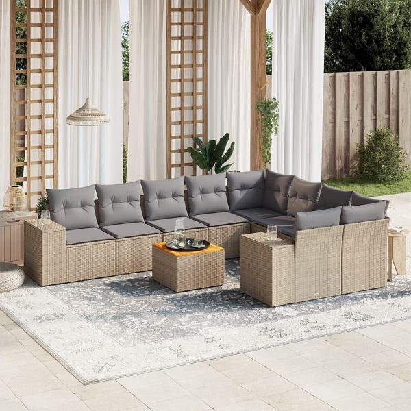 vidaXL 10-teilig Garten-Sofagarnitur mit Kissen Beige Poly Rattan, 3225604