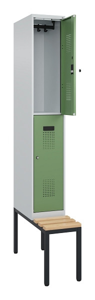 C+P Doppelstock-Spind Evolo PLUS, Bank, 2 Fächer, 2120x300x815mm, 7035/6011, Zylinderschloss, Sitzfläche Buche-Hartholz, Sitzbank, 0493507-10 S10037