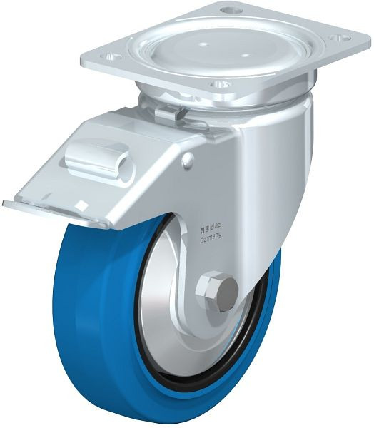Blickle LU-POEV 160KD-FI-SB-FA Stahlblech-Lenkrolle, schwere, geschlossene Ausführung, mit Anschraubplatte & Feststeller, Elastik-Vollgummi, Blau, 851578