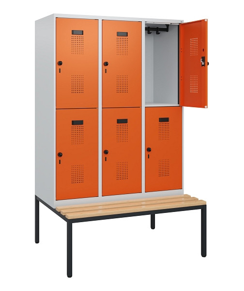 C+P Doppelstöckiger Spind Evolo PLUS, Bank, 6 Fächer, 1950x1200x815mm, 7035/2004, Drehriegel, Sitzfläche Buche-Hartholz, Sitzbank, 0493505-32 S10002