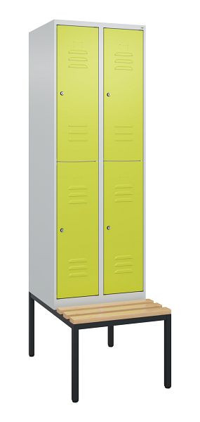 C+P Doppelstöckiger Spind Classic PLUS, 2 Abteile, 2120x600x815mm, 7035/0024, Zylinderschlösser, Buche-Sitzleisten, Sitzbank, 0803507-20 S10100