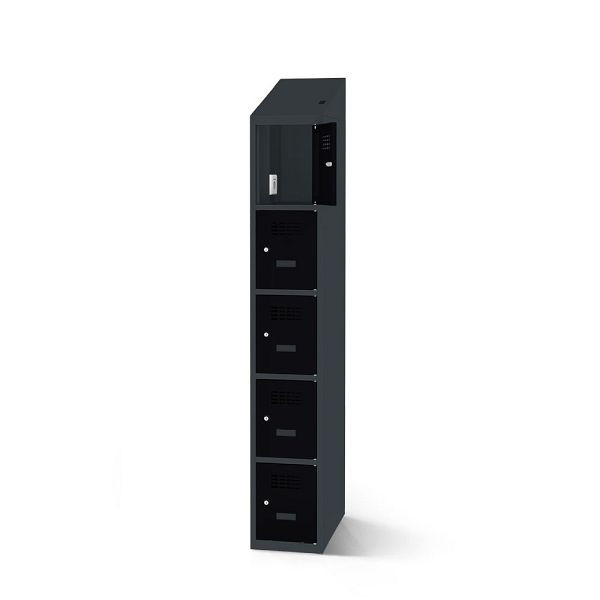 Rotstahl Fächerschrank, 5 Fächer, Stollenfüße, mit Ladefunktion, Schrägdach, Korpus: anthrazitgrau, Türen: tiefschwarz, 2180-010500-0402112-7016-9005
